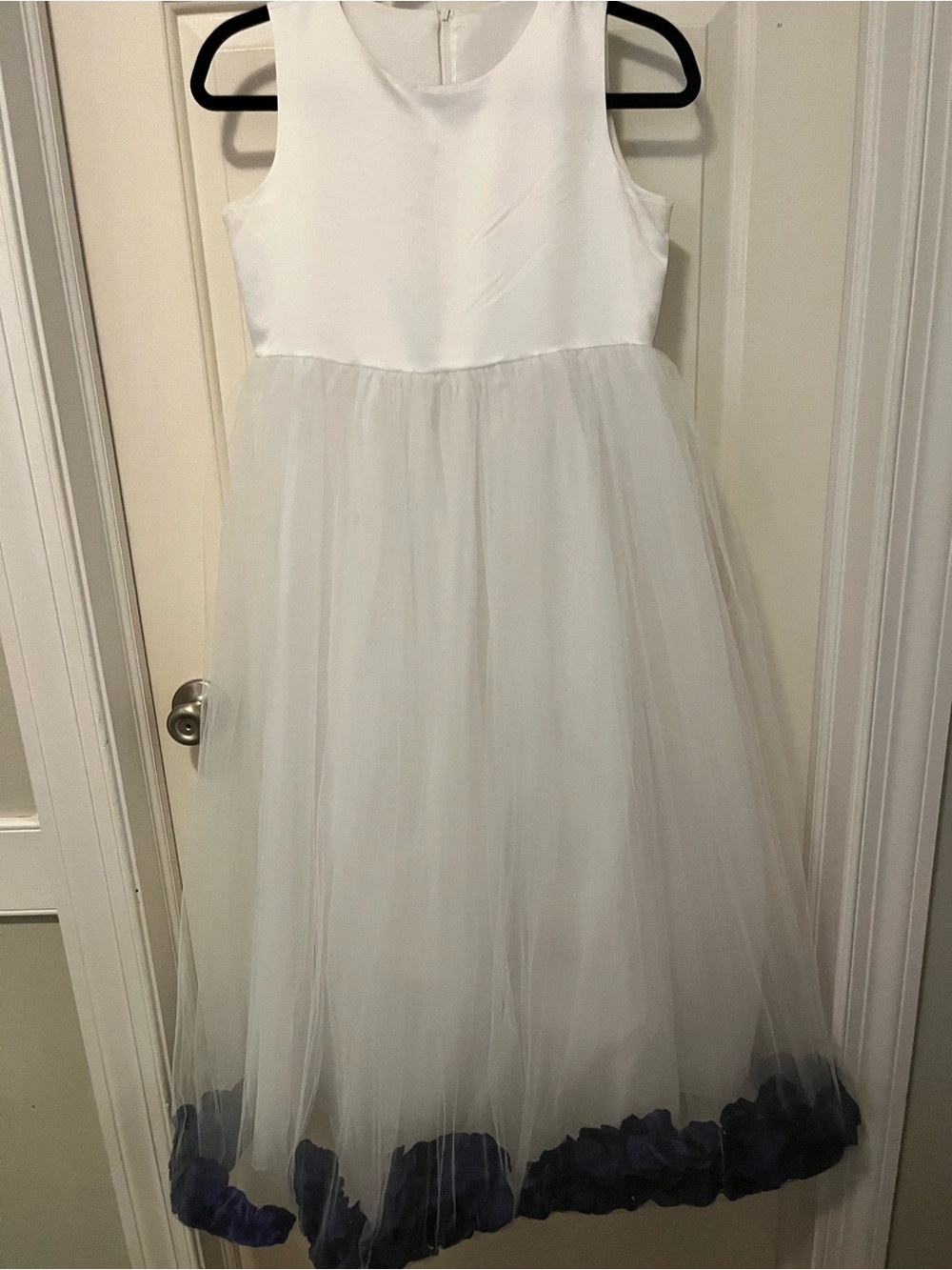 White Tulle Flower Girl Dress with Navy Petal Hem Child’s Size 16
